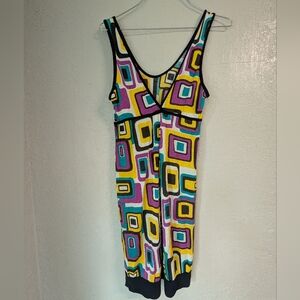 Y2K 2000s Retro Geometric Tank Dress M Festival V Neck Twee Whimsy Raver Boho